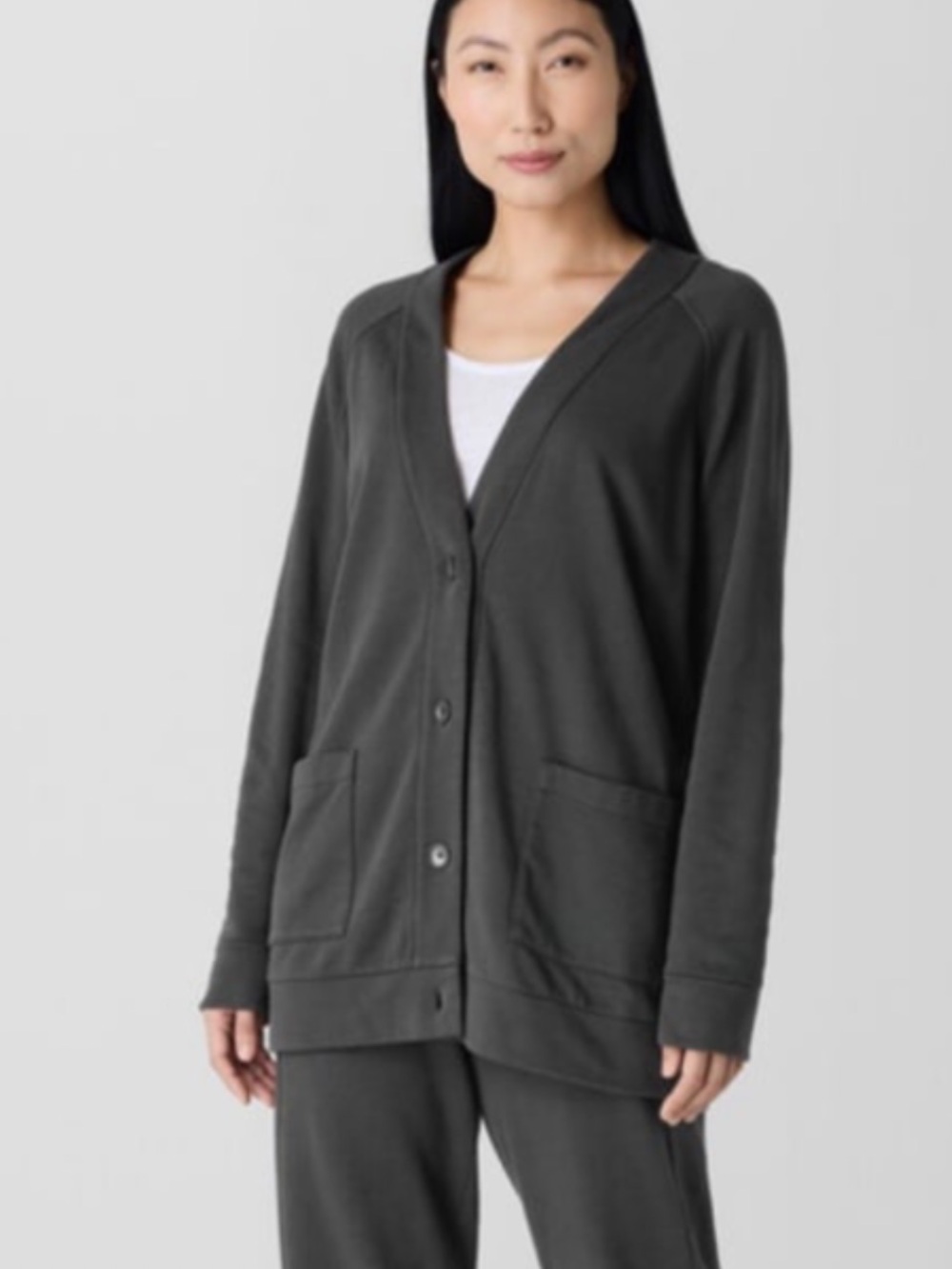 Eileen fisher Garment-Dyed Terry Long Cardigan washed black organic cotton nwt